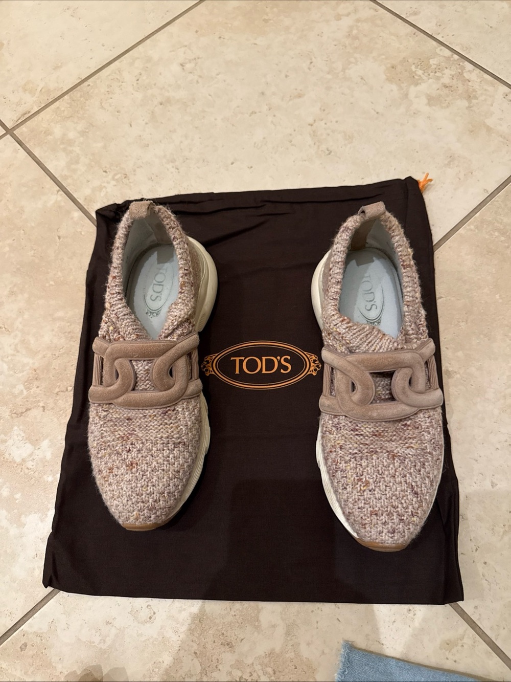 TOD'S Taupe Knit Slip-On Sneakers with Suede Chain Detail
